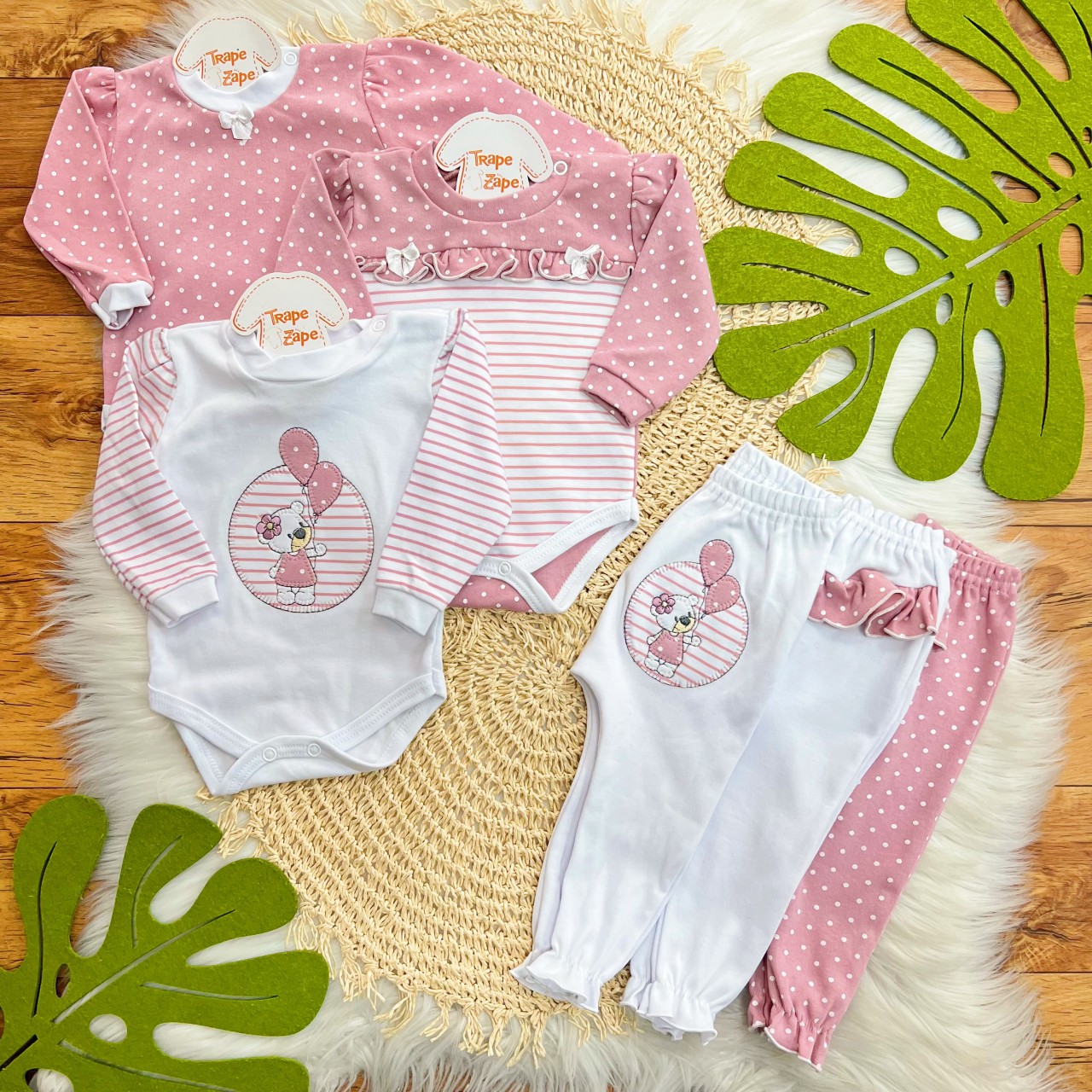  Kit 6 Peças - Ursinha com Balões - Rose  Branco
